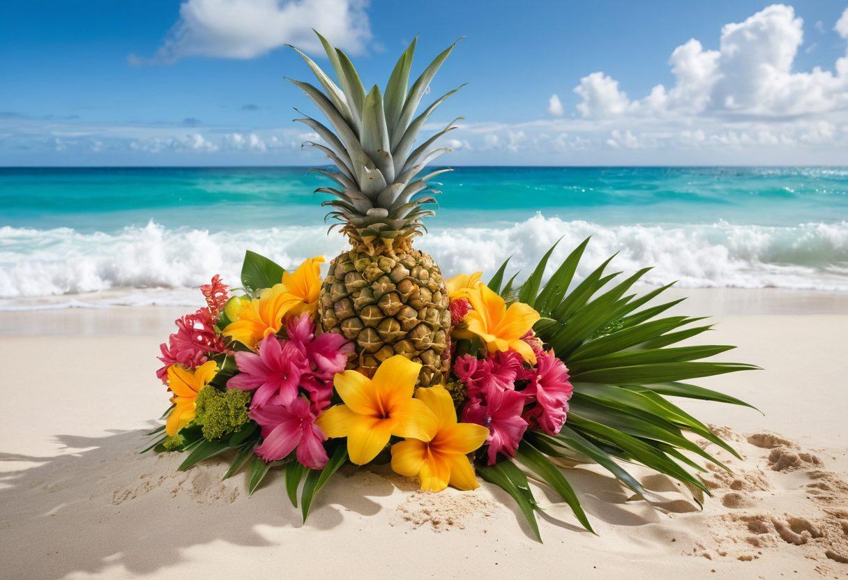 A vibrant and fresh pineapple sitting on a sunlit beach, surrounded by tropical flowers and lush greenery. The background features a serene ocean view and a bright blue sky with fluffy white clouds. Include subtle hints of joy, like smiling faces or playful waves, to symbolize happiness and wellness. Use bright, vibrant colors to evoke a sense of uplifting energy. super-realistic. vibrant colors. tropical theme.