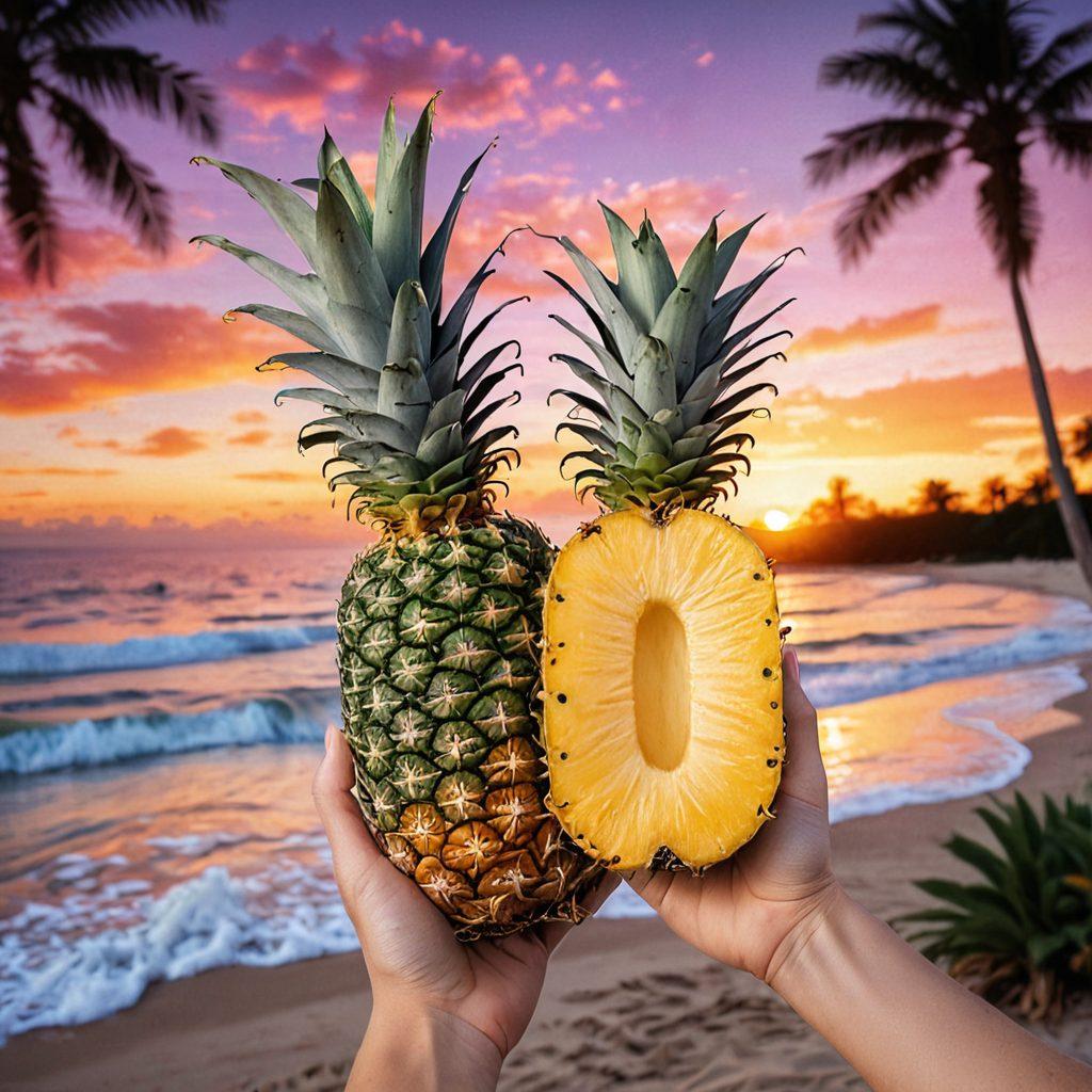 A vibrant scene featuring a hand holding a fresh, ripe pineapple with a slice removed, revealing juicy golden flesh. In the background, a tranquil beach setting with palm trees swaying and a sunset casting warm hues. Include cheerful people sipping pineapple smoothies, radiating happiness and wellness. Enhance the composition with tropical flowers and a sense of peaceful bliss. super-realistic. vibrant colors. 3D.