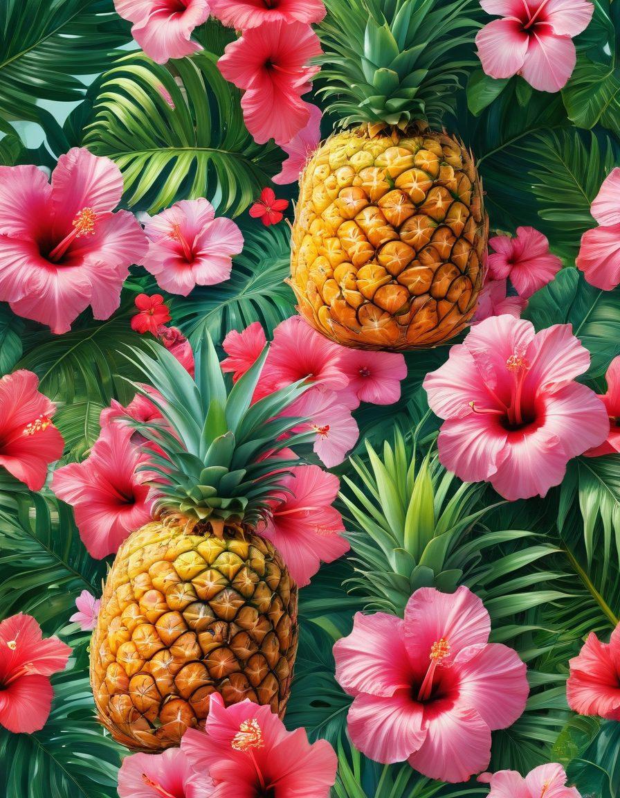 A vibrant tropical scene showcasing a ripe, juicy pineapple at the center, surrounded by lush green leaves and colorful hibiscus flowers. Sunlight filters through the leaves, casting playful shadows and highlighting the pineapple's texture. The background features a serene beach with gentle waves and distant palm trees, embodying a cheerful, blissful atmosphere. Illustrate nutrition icons like vitamins and minerals subtly integrated into the scene. super-realistic. vibrant colors. tropical theme.